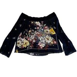 ZARA Off-the-Shoulder Floral Blouse Small Black Smocked Slit Bell Sleeve Size L